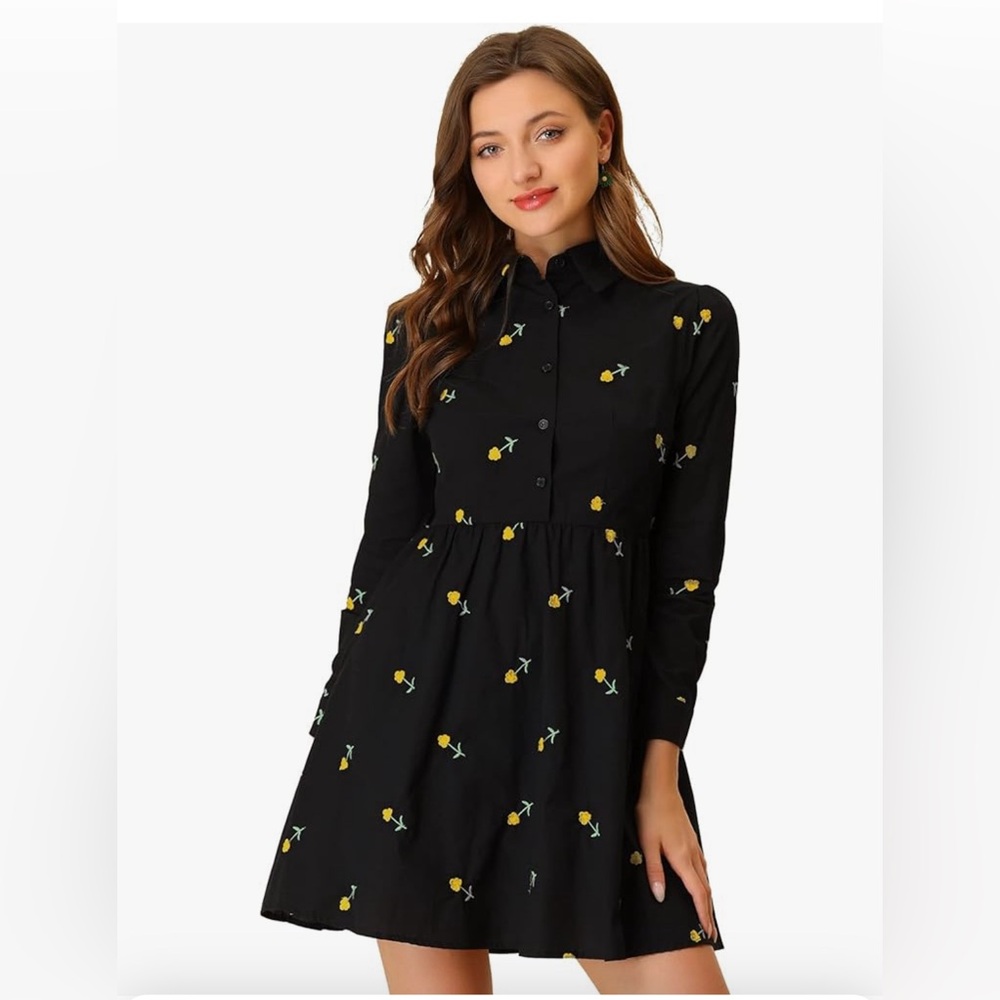 NWT Allegra K Shirt Dress Long Sleeve Half Placket Embroidered Floral Mini Black